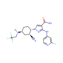 CN(CC(F)(F)F)[C@H]1CC[C@H](n2cc(C(N)=O)c(Nc3ccnc(F)c3)n2)[C@@H](C#N)C1 ZINC000222980402