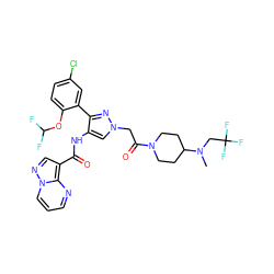 CN(CC(F)(F)F)C1CCN(C(=O)Cn2cc(NC(=O)c3cnn4cccnc34)c(-c3cc(Cl)ccc3OC(F)F)n2)CC1 ZINC001772582874