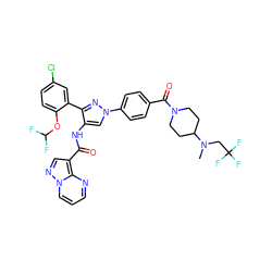 CN(CC(F)(F)F)C1CCN(C(=O)c2ccc(-n3cc(NC(=O)c4cnn5cccnc45)c(-c4cc(Cl)ccc4OC(F)F)n3)cc2)CC1 ZINC001772629870