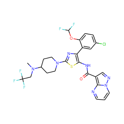 CN(CC(F)(F)F)C1CCN(c2nc(-c3cc(Cl)ccc3OC(F)F)c(NC(=O)c3cnn4cccnc34)s2)CC1 ZINC001772605881