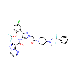 CN(CC(F)(F)c1ccccc1)C1CCN(C(=O)Cn2cc(NC(=O)c3cnn4cccnc34)c(-c3cc(Cl)ccc3OC(F)F)n2)CC1 ZINC001772617712