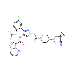 CN(CC1(C#N)CC1)C1CCN(C(=O)Cn2cc(NC(=O)c3cnn4cccnc34)c(-c3cc(Cl)ccc3OC(F)F)n2)CC1 ZINC001772606115