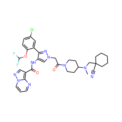 CN(CC1(C#N)CCCCC1)C1CCN(C(=O)Cn2cc(NC(=O)c3cnn4cccnc34)c(-c3cc(Cl)ccc3OC(F)F)n2)CC1 ZINC001772599375