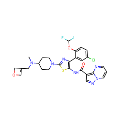 CN(CC1(C)COC1)C1CCN(c2nc(-c3cc(Cl)ccc3OC(F)F)c(NC(=O)c3cnn4cccnc34)s2)CC1 ZINC001772642533