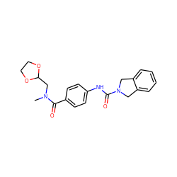 CN(CC1OCCO1)C(=O)c1ccc(NC(=O)N2Cc3ccccc3C2)cc1 ZINC000167868003