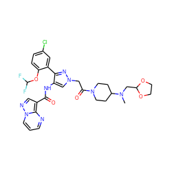 CN(CC1OCCO1)C1CCN(C(=O)Cn2cc(NC(=O)c3cnn4cccnc34)c(-c3cc(Cl)ccc3OC(F)F)n2)CC1 ZINC001772628104