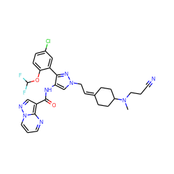 CN(CCC#N)C1CCC(=CCn2cc(NC(=O)c3cnn4cccnc34)c(-c3cc(Cl)ccc3OC(F)F)n2)CC1 ZINC001772612941