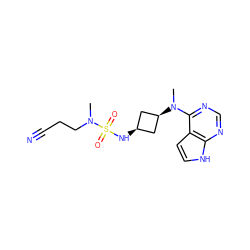 CN(CCC#N)S(=O)(=O)N[C@H]1C[C@@H](N(C)c2ncnc3[nH]ccc23)C1 ZINC000261089285