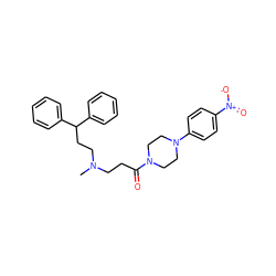 CN(CCC(=O)N1CCN(c2ccc([N+](=O)[O-])cc2)CC1)CCC(c1ccccc1)c1ccccc1 ZINC000040913362