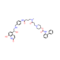 CN(CCCC(=O)Nc1ccc(CNC[C@H](O)c2ccc(O)c3[nH]c(=O)ccc23)cc1)C(=O)CCN1CCC(OC(=O)Nc2ccccc2-c2ccccc2)CC1 ZINC000163642942