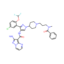 CN(CCCN1CCC(n2cc(NC(=O)c3c(N)nn4cccnc34)c(-c3cc(Cl)ccc3OC(F)F)n2)CC1)C(=O)c1ccccc1 ZINC001772626678