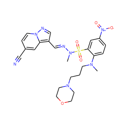 CN(CCCN1CCOCC1)c1ccc([N+](=O)[O-])cc1S(=O)(=O)N(C)/N=C/c1cnn2ccc(C#N)cc12 ZINC001772578887