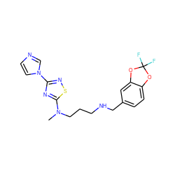 CN(CCCNCc1ccc2c(c1)OC(F)(F)O2)c1nc(-n2ccnc2)ns1 ZINC000073196559