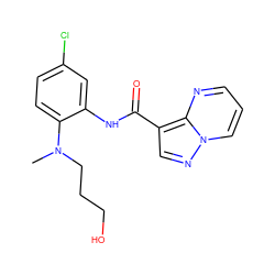 CN(CCCO)c1ccc(Cl)cc1NC(=O)c1cnn2cccnc12 ZINC000113651679