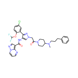 CN(CCCc1ccccc1)C1CCN(C(=O)Cn2cc(NC(=O)c3cnn4cccnc34)c(-c3cc(Cl)ccc3OC(F)F)n2)CC1 ZINC001772625627