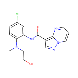 CN(CCO)c1ccc(Cl)cc1NC(=O)c1cnn2cccnc12 ZINC000113651598