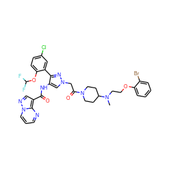 CN(CCOc1ccccc1Br)C1CCN(C(=O)Cn2cc(NC(=O)c3cnn4cccnc34)c(-c3cc(Cl)ccc3OC(F)F)n2)CC1 ZINC001772632588