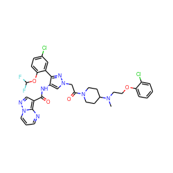 CN(CCOc1ccccc1Cl)C1CCN(C(=O)Cn2cc(NC(=O)c3cnn4cccnc34)c(-c3cc(Cl)ccc3OC(F)F)n2)CC1 ZINC001772608051