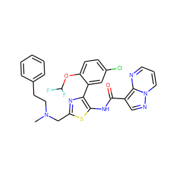 CN(CCc1ccccc1)Cc1nc(-c2cc(Cl)ccc2OC(F)F)c(NC(=O)c2cnn3cccnc23)s1 ZINC001772605066