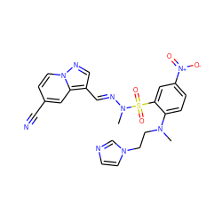 CN(CCn1ccnc1)c1ccc([N+](=O)[O-])cc1S(=O)(=O)N(C)/N=C/c1cnn2ccc(C#N)cc12 ZINC001772606982