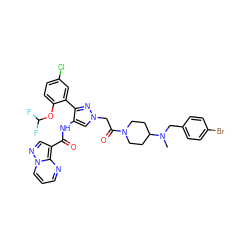 CN(Cc1ccc(Br)cc1)C1CCN(C(=O)Cn2cc(NC(=O)c3cnn4cccnc34)c(-c3cc(Cl)ccc3OC(F)F)n2)CC1 ZINC001772647858