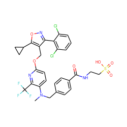 CN(Cc1ccc(C(=O)NCCS(=O)(=O)O)cc1)c1ccc(OCc2c(-c3c(Cl)cccc3Cl)noc2C2CC2)nc1C(F)(F)F ZINC000058650353