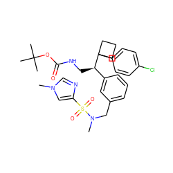 CN(Cc1cccc([C@@H](CNC(=O)OC(C)(C)C)C2(c3ccc(Cl)cc3)CCC2)c1)S(=O)(=O)c1cn(C)cn1 ZINC000166308565