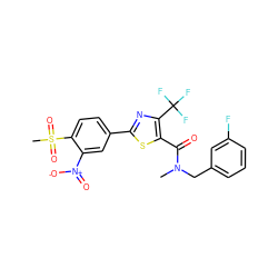 CN(Cc1cccc(F)c1)C(=O)c1sc(-c2ccc(S(C)(=O)=O)c([N+](=O)[O-])c2)nc1C(F)(F)F ZINC000084688022