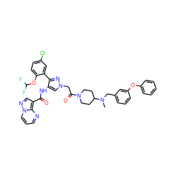 CN(Cc1cccc(Oc2ccccc2)c1)C1CCN(C(=O)Cn2cc(NC(=O)c3cnn4cccnc34)c(-c3cc(Cl)ccc3OC(F)F)n2)CC1 ZINC001772593303