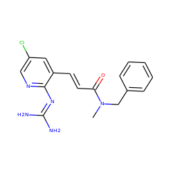 CN(Cc1ccccc1)C(=O)/C=C/c1cc(Cl)cnc1N=C(N)N ZINC000013436530