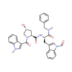 CN(Cc1ccccc1)C(=O)[C@@H](Cc1cn(C=O)c2ccccc12)NC(=O)[C@@H]1C[C@@H](O)CN1C(=O)c1cn(C)c2ccccc12 ZINC000026178614