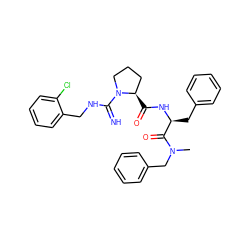 CN(Cc1ccccc1)C(=O)[C@H](Cc1ccccc1)NC(=O)[C@@H]1CCCN1C(=N)NCc1ccccc1Cl ZINC000013780787