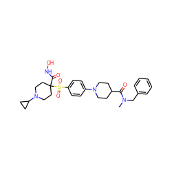 CN(Cc1ccccc1)C(=O)C1CCN(c2ccc(S(=O)(=O)C3(C(=O)NO)CCN(C4CC4)CC3)cc2)CC1 ZINC000049785561