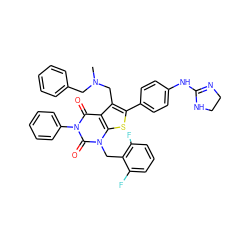 CN(Cc1ccccc1)Cc1c(-c2ccc(NC3=NCCN3)cc2)sc2c1c(=O)n(-c1ccccc1)c(=O)n2Cc1c(F)cccc1F ZINC000049780167