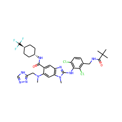 CN(Cc1nnc[nH]1)c1cc2c(cc1C(=O)N[C@H]1CC[C@H](C(F)(F)F)CC1)nc(Nc1c(Cl)ccc(CNC(=O)C(C)(C)C)c1Cl)n2C ZINC000261137732