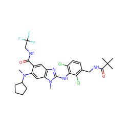 CN(c1cc2c(cc1C(=O)NCC(F)(F)F)nc(Nc1c(Cl)ccc(CNC(=O)C(C)(C)C)c1Cl)n2C)C1CCCC1 ZINC000169700893