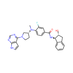 CN(c1ccc(C(=O)N[C@@H]2c3ccccc3C[C@H]2O)cc1F)[C@@H]1CCN(c2ncnc3[nH]ccc23)C1 ZINC000149045940