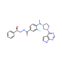 CN(c1ccc(C(=O)NC[C@H](O)c2ccccc2)cc1F)[C@@H]1CCN(c2ncnc3[nH]ccc23)C1 ZINC000149056793