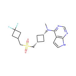 CN(c1ncnc2[nH]ccc12)[C@H]1C[C@@H](CS(=O)(=O)CC2CC(F)(F)C2)C1 ZINC000261164779