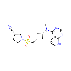 CN(c1ncnc2[nH]ccc12)[C@H]1C[C@@H](CS(=O)(=O)N2CC[C@H](C#N)C2)C1 ZINC000261184044