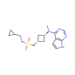 CN(c1ncnc2[nH]ccc12)[C@H]1C[C@@H](CS(=O)(=O)NCC2CC2)C1 ZINC001772647230