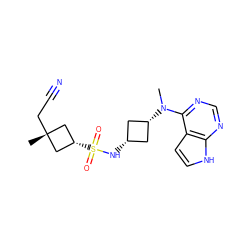 CN(c1ncnc2[nH]ccc12)[C@H]1C[C@@H](NS(=O)(=O)[C@H]2C[C@@](C)(CC#N)C2)C1 ZINC000261116319