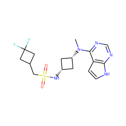 CN(c1ncnc2[nH]ccc12)[C@H]1C[C@@H](NS(=O)(=O)CC2CC(F)(F)C2)C1 ZINC000261170175