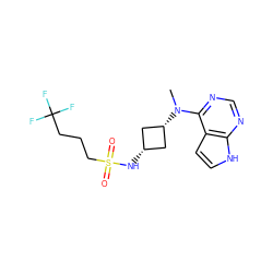 CN(c1ncnc2[nH]ccc12)[C@H]1C[C@@H](NS(=O)(=O)CCCC(F)(F)F)C1 ZINC001772633211