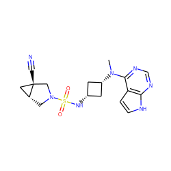 CN(c1ncnc2[nH]ccc12)[C@H]1C[C@@H](NS(=O)(=O)N2C[C@@H]3C[C@]3(C#N)C2)C1 ZINC000261126890