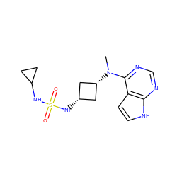 CN(c1ncnc2[nH]ccc12)[C@H]1C[C@@H](NS(=O)(=O)NC2CC2)C1 ZINC001772614246