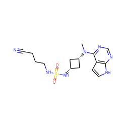 CN(c1ncnc2[nH]ccc12)[C@H]1C[C@@H](NS(=O)(=O)NCCCC#N)C1 ZINC001772584544