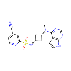 CN(c1ncnc2[nH]ccc12)[C@H]1C[C@@H](NS(=O)(=O)c2cc(C#N)ccn2)C1 ZINC000261188689