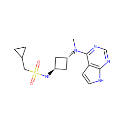 CN(c1ncnc2[nH]ccc12)[C@H]1C[C@H](NS(=O)(=O)CC2CC2)C1 ZINC000261167871