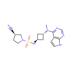 CN(c1ncnc2[nH]ccc12)[C@H]1C[C@H](NS(=O)(=O)N2CC[C@@H](C#N)C2)C1 ZINC000261176399